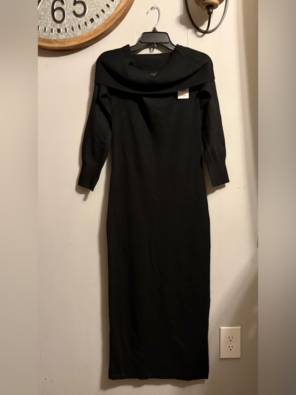 French Connection Black Off-Shoulder Ribbed Collar Maxi Dress